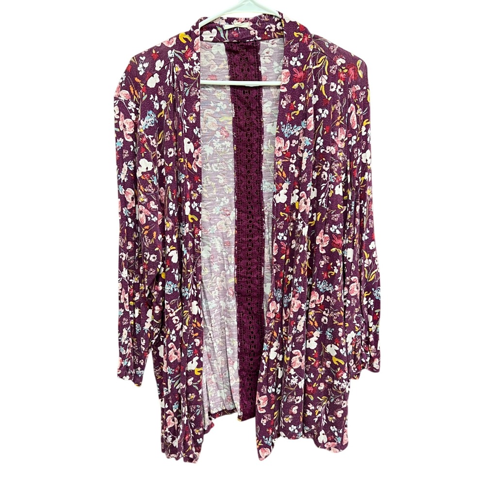 Maurice Floral Cardigan Duster Plum Purple Crochet Trim Lightweight Size 2 - 2XL